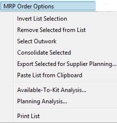MRP Order Options Menu