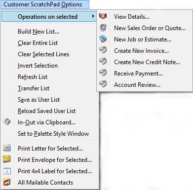 Customers ScratchPad Options Menu