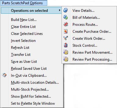 Parts ScratchPad Options Menu