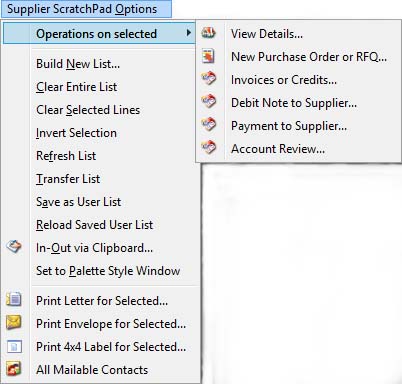 Suppliers ScratchPad Options Menu