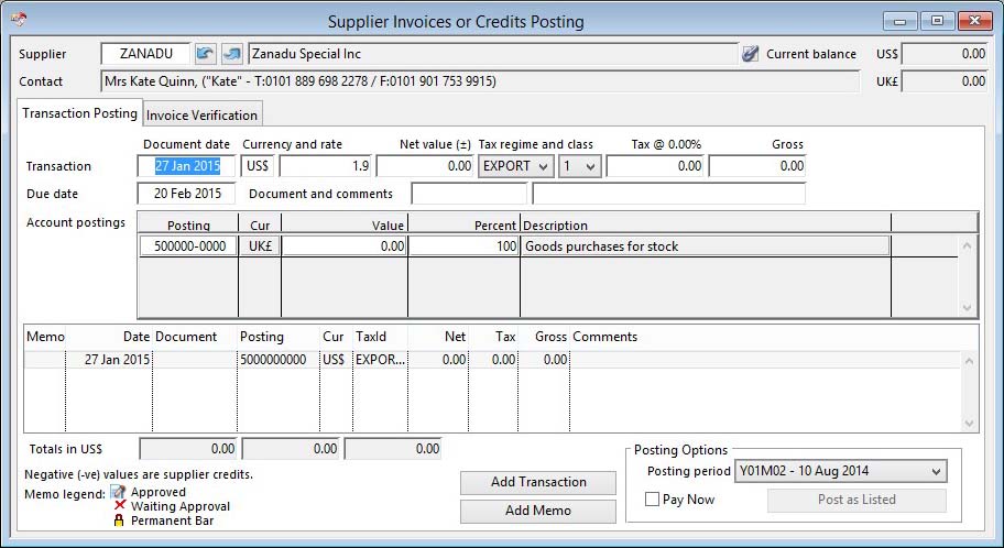 Supplier Invoices or Credits Posting Transaction Posting pane