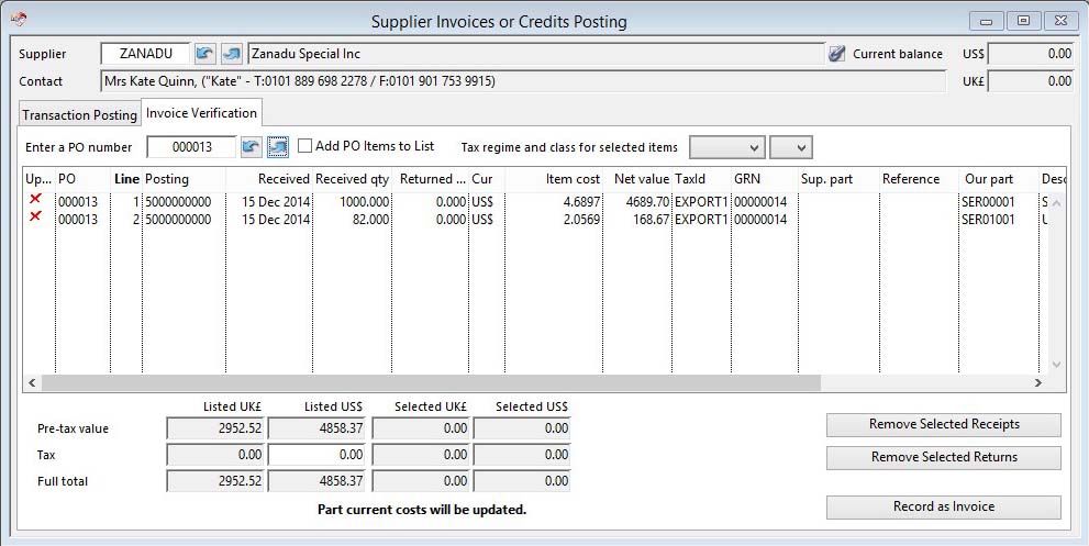 Supplier Invoices or Credits Posting Invoice Verification pane