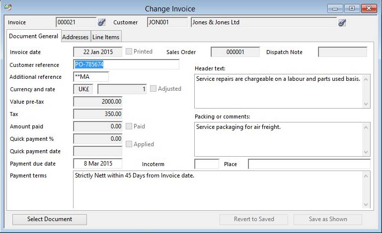 Invoice and Credit Note Change and Create - Document General pane