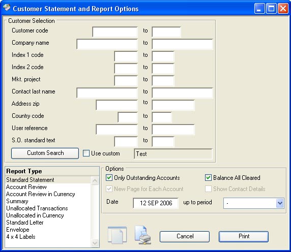 Customer Statement and Report Options
