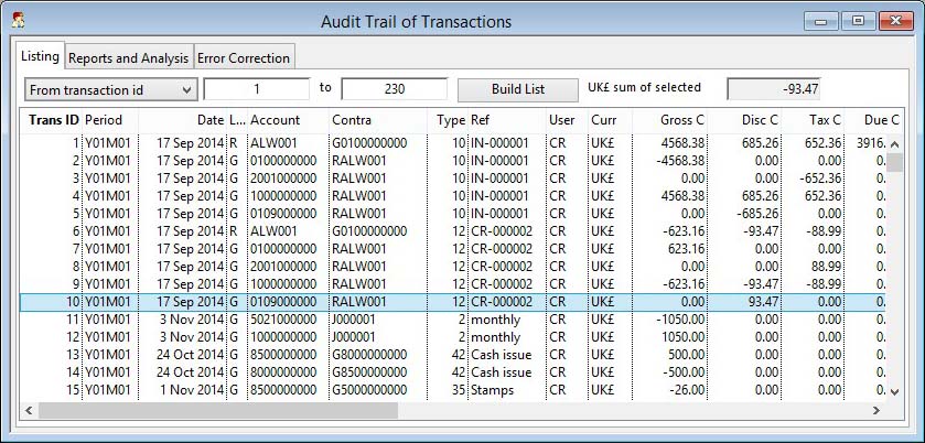 Audit Trail of Transactions - Listing pane