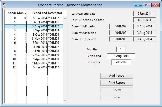 Ledgers Period Calendar Maintenance