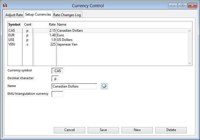 Currency Control - Setup Currencies pane