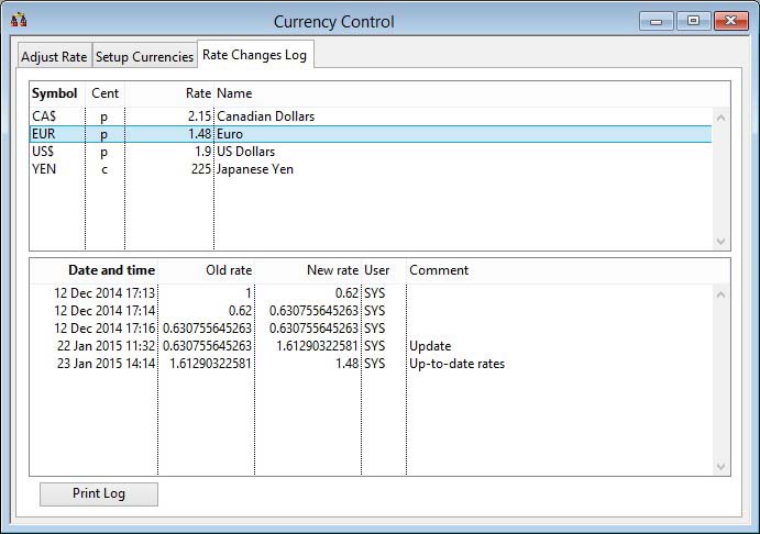 Currency Control - Rate Changes Log pane