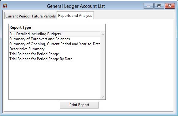 General Ledger Account List - Reports and Analysis pane