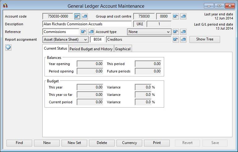 General Ledger Account Maintenance with Current Status pane