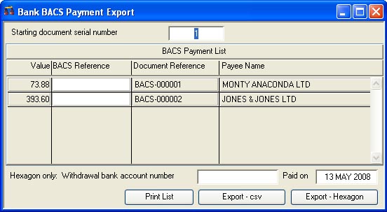 Bank BACS Payment Export