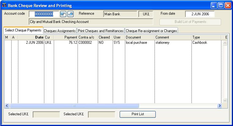 Bank Cheque Review and Printing - Select Cheque Payments pane