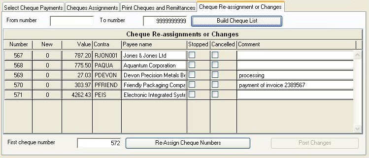Bank Cheque Review and Printing - Cheque Re-assignment or Changes pane