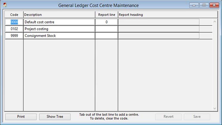 General Ledger Cost Centre Maintenance