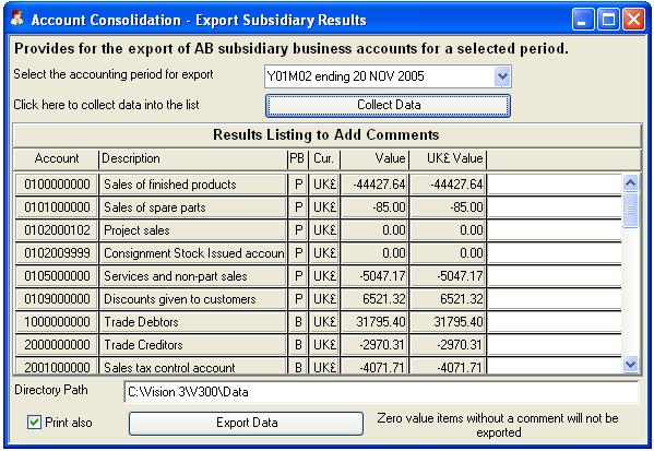 Account Consolidation - Export Subsidiary Results
