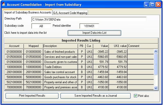 Account Consolidation - Import from Subsidiary - Import of Subsidiary Business Accounts pane