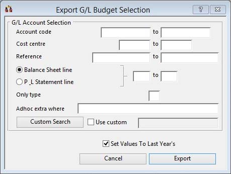 Export G/L Budget Selection