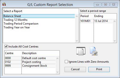 G/L Custom Report Selection