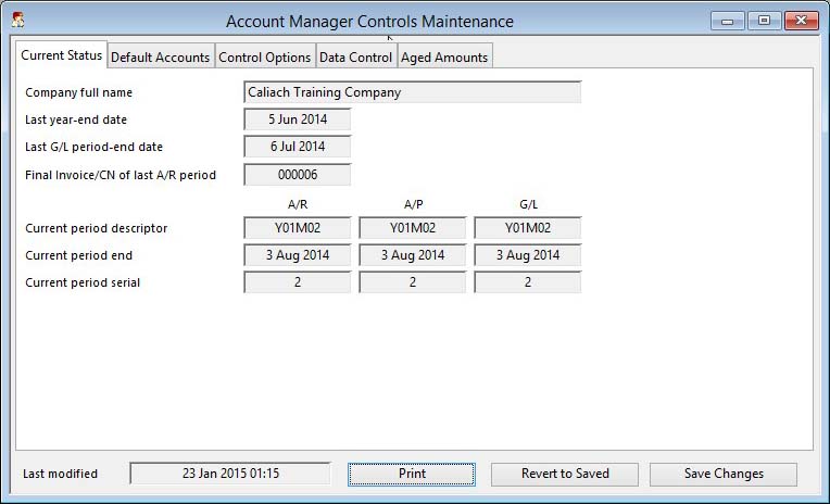 Account Manager Controls Maintenance - Current Status pane