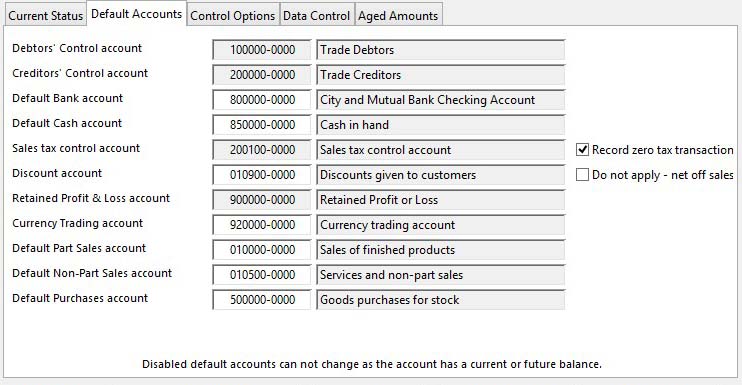 Account Manager Controls Maintenance - Default Accounts pane