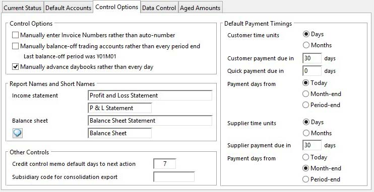 Account Manager Controls Maintenance - Control Options