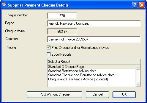 Supplier Payment Cheque Details