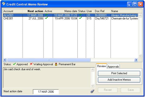 Credit Control Memo Review with Review tab pane