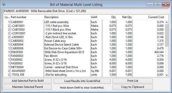 Bill of Materials Listing