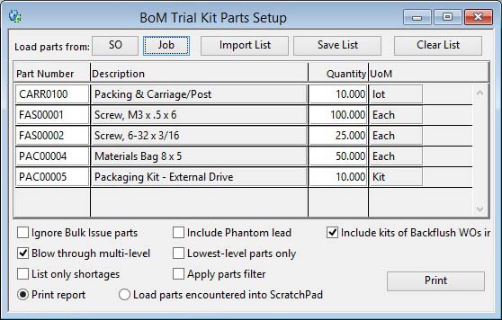 BoM Trial Kit Parts Setup