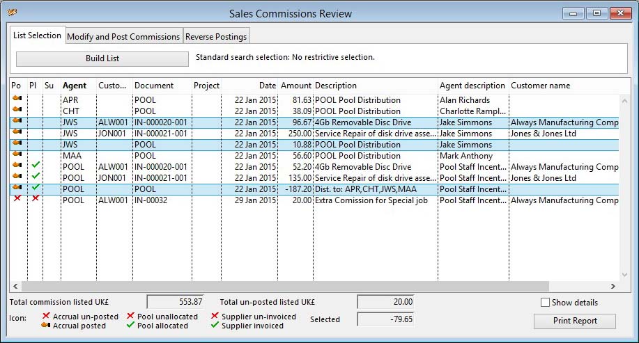 Sales Commissions Review - List Selection Tab