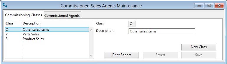 Commissioned Sales Agents Maintenance - Commissioning Classes Pane