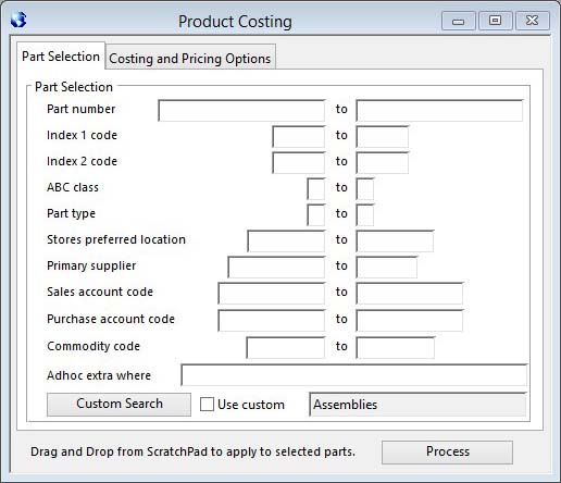 Product Costing - Part Selection pane