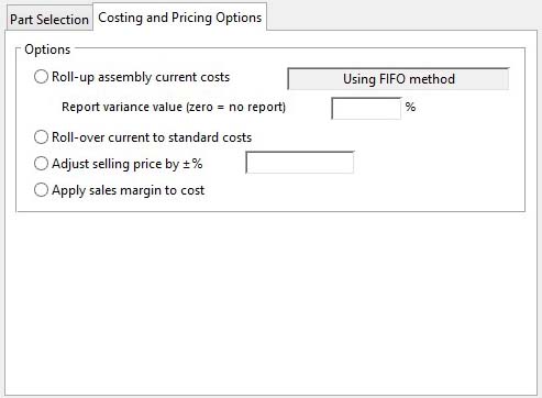 Product Costing - Costing and Pricing Options pane