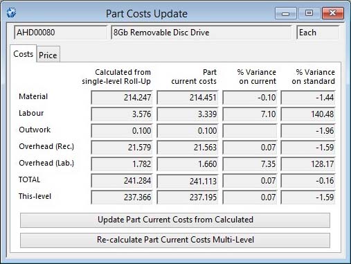 Part Costs Update - Costs pane