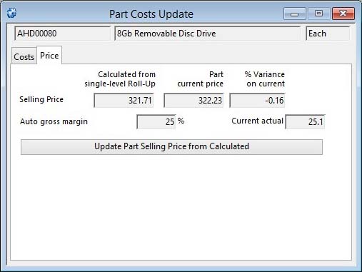 Part Costs Update - Price pane