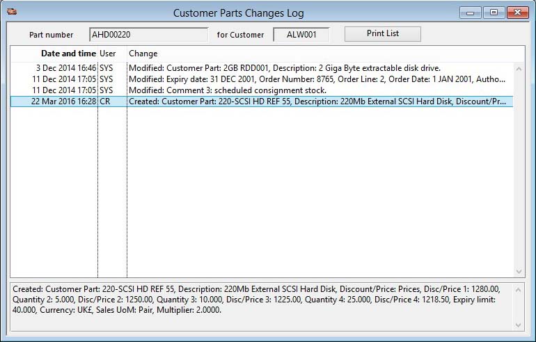 Customer Parts Changes Log