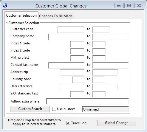 Customer Global Changes - Customer Selection tab pane