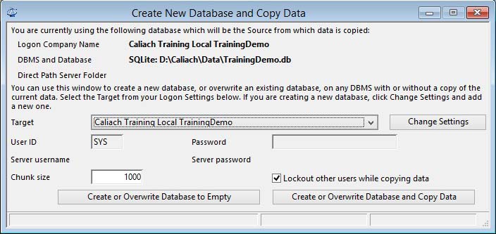 Create New Database and Copy Data window