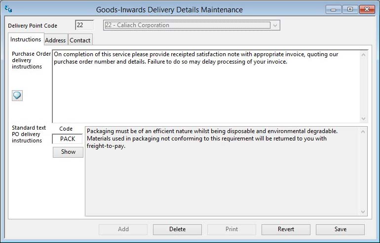 Goods-Inwards Delivery Details Maintenance - Instructions tab pane