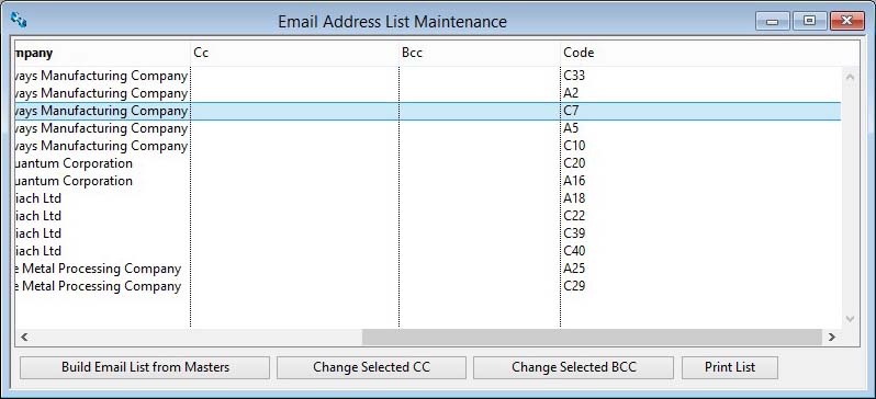 Email Address List Maintenance scrolled right