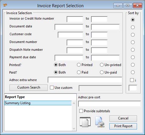 Invoice Report Selection