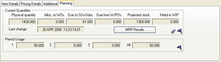 Job Line Item Maintenance - Planning pane when a part item is selected