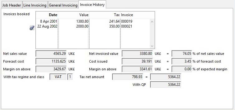 Job Invoicing and Crediting - Invoice History pane