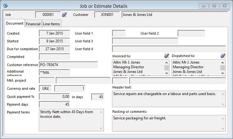 Job or Estimate Details - Document pane