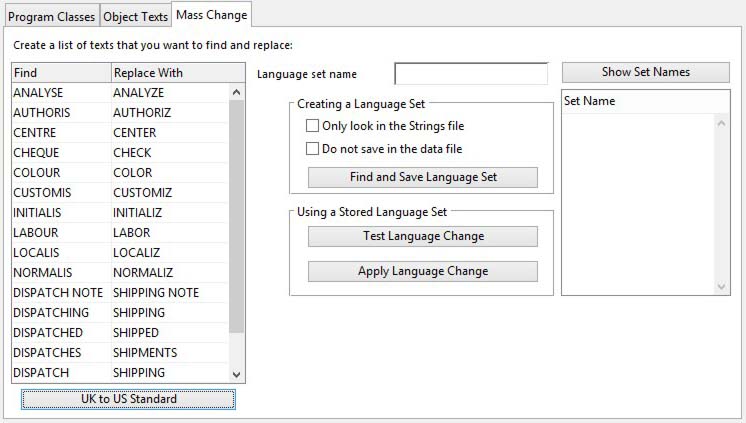 Language Management - Mass Change pane
