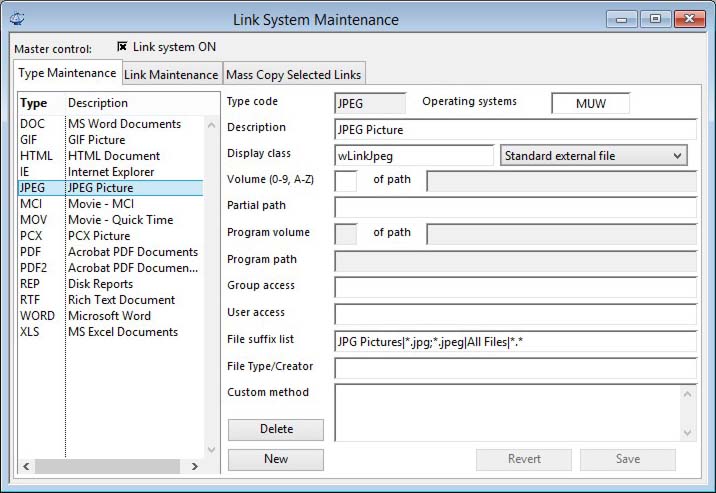 Link System Maintenance - Type Maintenance tab pane
