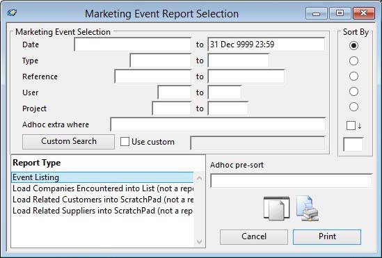 Marketing Event Report Selection