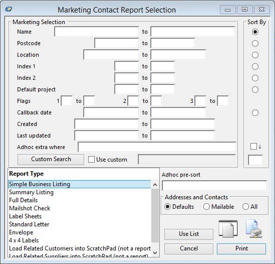 Marketing Contact Report Selection