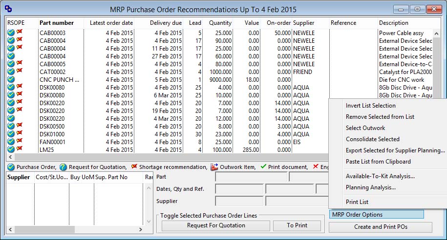 MRP Purchase Order Recommendations