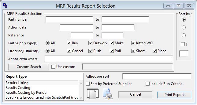 MRP Results Report Selection
